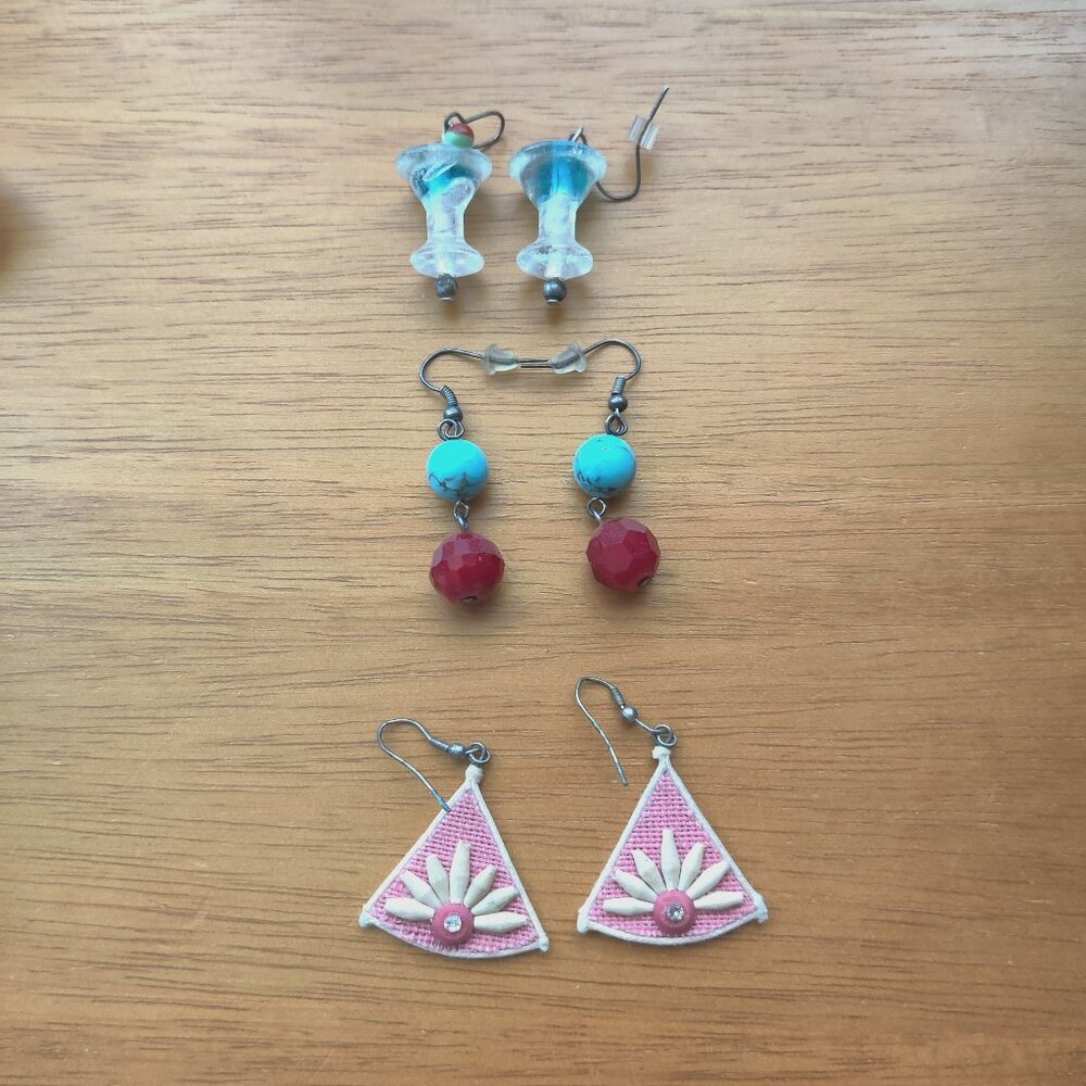 Lot of 3 sets of FASHION EARRINGS: COCKTAILS, BEADS AND CLOTH